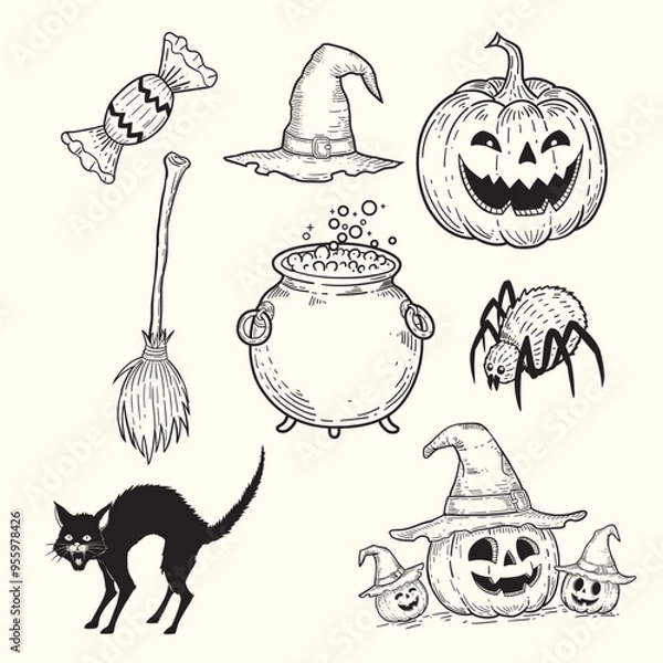 Fototapeta Collection of hand drawn sketch doodle illustrations for Halloween, pumpkin, witch's hat, spider, witch's broom, witch's cauldron, black cat.