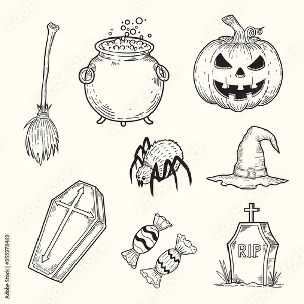 Fototapeta Collection of hand drawn sketch doodle illustrations for Halloween, pumpkin, witch's broom, spider, grave marker, witch's hat, coffin, candy, witch's cauldron.