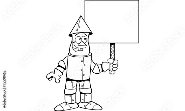 Fototapeta Black and white illustration of a tin man holding a sign.