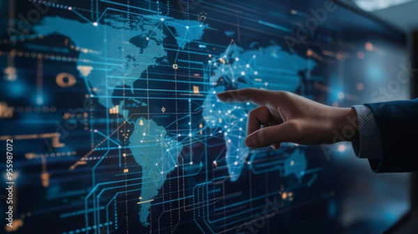 Fototapeta Global Network Connections - Businessman Interacting with Interactive World Map