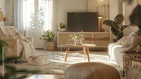 Fototapeta Living room Scandinavian style with a TV on the cabinet a sofa and expansive windows decorate the room with green plants
