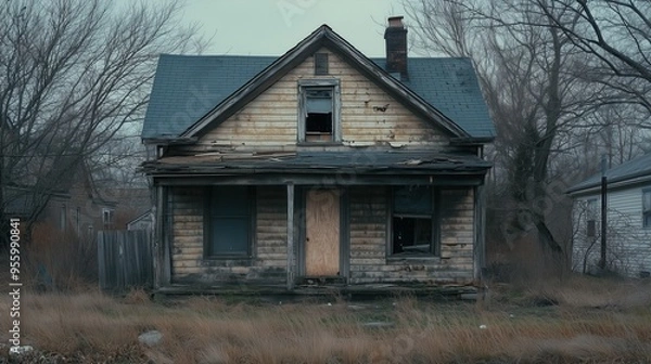 Fototapeta A run down house with a porch and a chimney. The house is old and abandoned. Scene is sad and lonely
