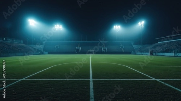 Obraz A stadium with a large crowd of people watching a game. The field is lit up with bright lights, creating a sense of excitement and anticipation