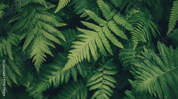 Fototapeta A close up of green leaves with a lush green background. The leaves are large and full, giving the impression of a thriving plant. Concept of growth and vitality, as well as the beauty of nature