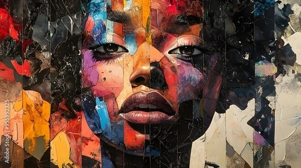 Obraz Textured Portrait with Colorful Patches - Artistic Representation of a Woman’s Face