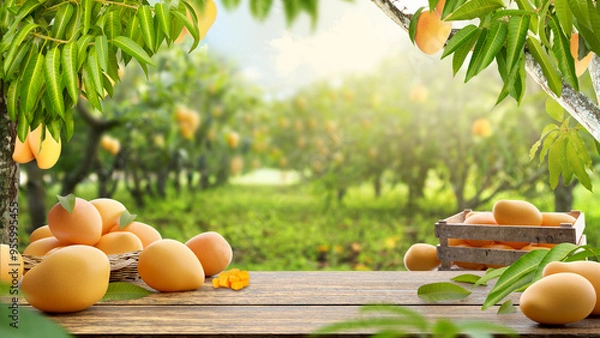 Obraz fresh mangoes on wooden table with a mango tree farm in sunlight