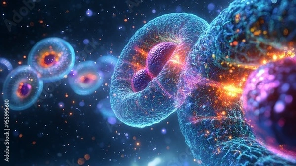 Fototapeta Microscopic View of Cells Dividing with Colorful Glow