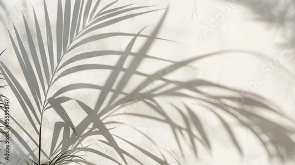 Fototapeta Soft palm leaf shadows gracefully dance on a textured white wall, capturing the tranquil essence of natural light at midday	