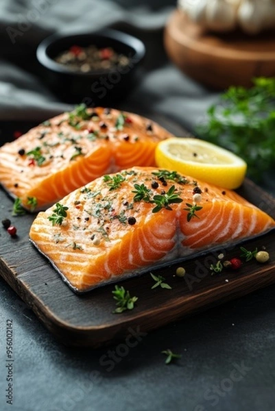 Fototapeta Fresh salmon steak with a lemon wedge and herbs, omega-3 rich food, brain health focus.
