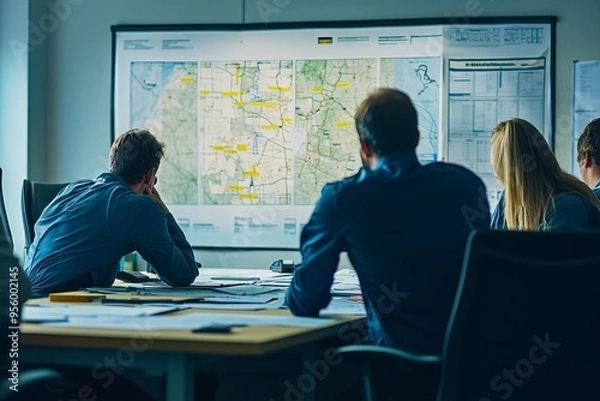 Fototapeta A crisis response team reviewing a disaster plan and assigning roles. Office with maps and emergency response plans