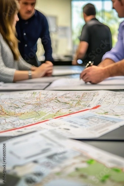Fototapeta A crisis response team reviewing a disaster plan and assigning roles. Office with maps and emergency respons