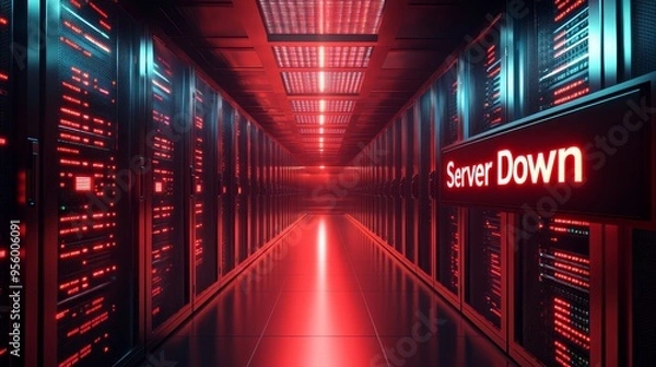 Obraz A server room illuminated in red, with the message "Server Down" prominently displayed. The red lighting symbolizes an error or outage, creating a sense of urgency and potential downtime. The sleek, m