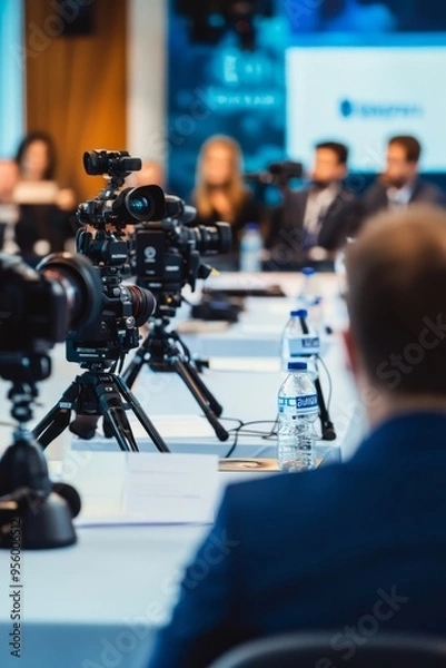 Fototapeta Public relations experts handling media inquiries during a crisis. Press conference room