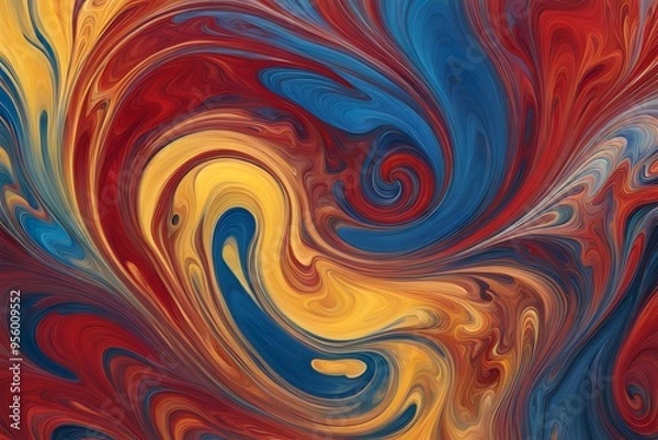 Fototapeta A vibrant swirl of mixed paint colors creating a marbled effect with rich reds blues and yellows, Ai Generated