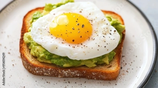 Fototapeta Avocado Toast with Poached Egg and Black Pepper