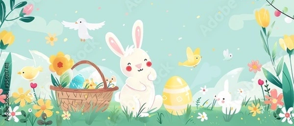 Obraz Easter bunnies, Easter flowers, colorful eggs, Easter baskets, chicks, cute lambs, flat design illustration