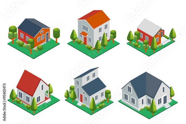 Obraz Isometric 3d private house, rural buildings and cottages icons set