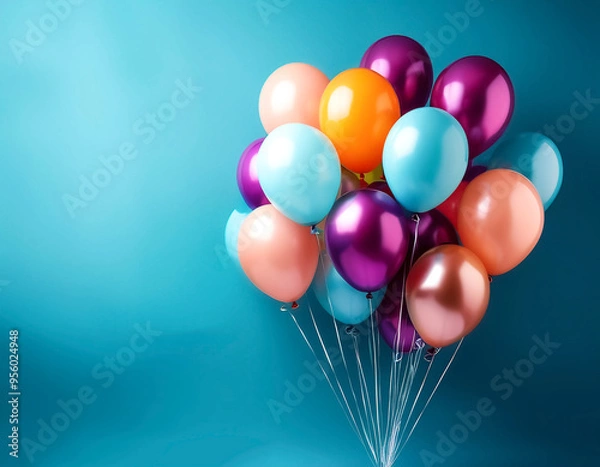 Fototapeta Bunch of bright balloons and space for text against color background