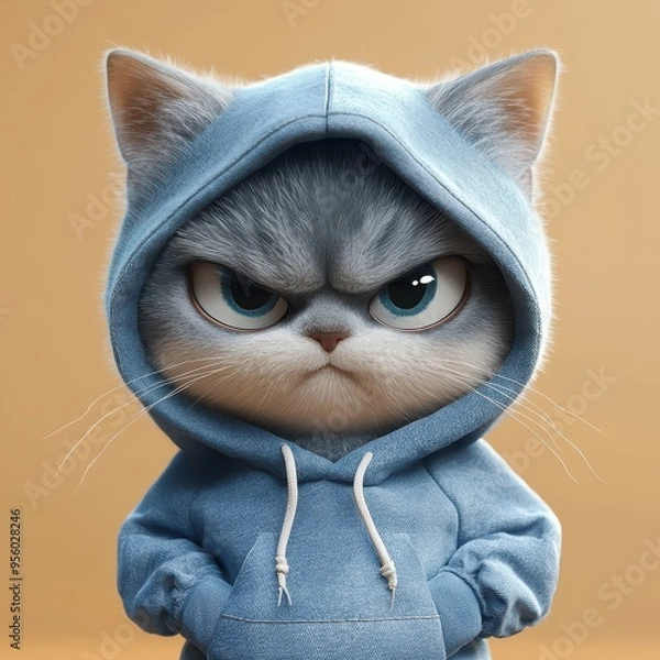 Obraz A cute yet grumpy cat dressed in a blue hoodie, showcasing a playful attitude in a cartoonish style.