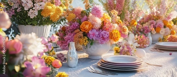 Fototapeta 3D rendering of spring and summer flower decorations for an Easter wedding table setting