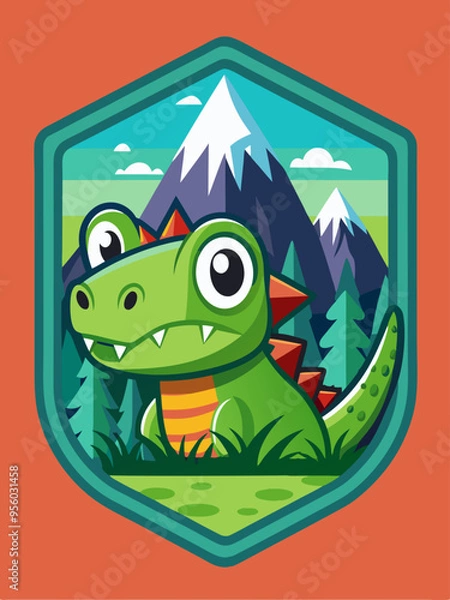 Obraz Cartoon Green Dragon with Mountain Background
