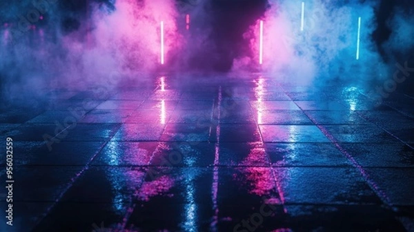 Fototapeta Empty backdrop scene featuring dark street reflections on wet pavement Neon light rays illuminate the darkness creating abstract shapes amidst smoke