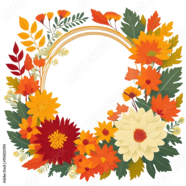 Fototapeta Wooden frame with autumn leaves and flowers, isolated on transparent background