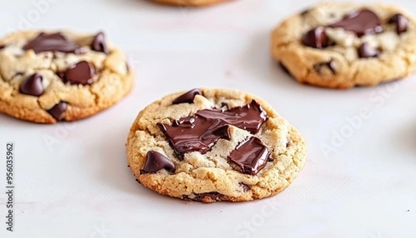 Fototapeta Classic chocolate chip cookies with melted chocolate, indulgent and appealing tones, space for text