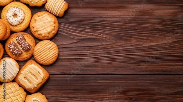 Fototapeta Assorted cookies on a wooden table, sweet and vibrant tones, space for text