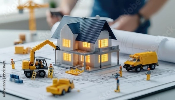 Fototapeta Architectural plans with blueprints and models, detailed and precise tones, space for text