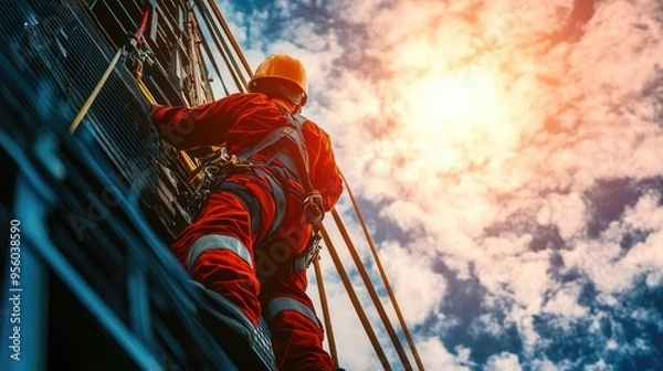 Fototapeta back view of Employee working at height with safety equipment,generative ai