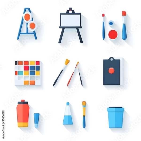 Fototapeta Flat Gradient Art Supplies Icon Set with Paintbrush Palette and Easel