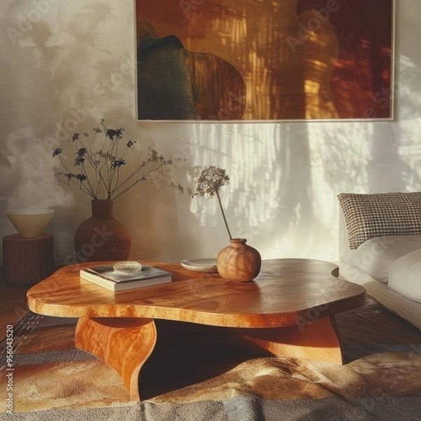 Obraz Rustic Wooden Coffee Table in a Sunny Interior