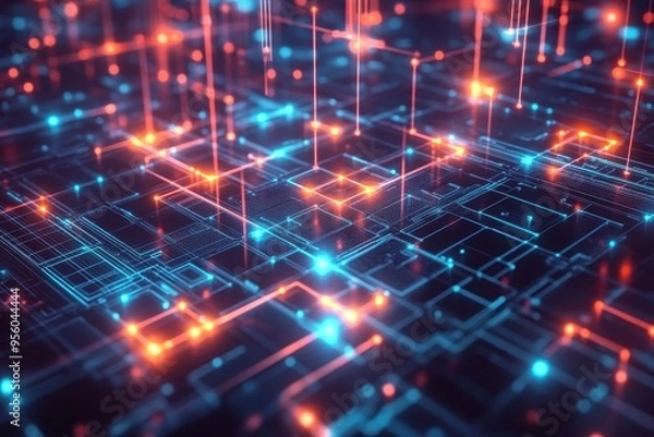 Obraz A digital abstract representation of interconnected circuits and glowing nodes.