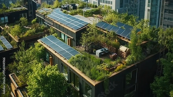 Fototapeta Modern Building with Rooftop Gardens and Solar Panels