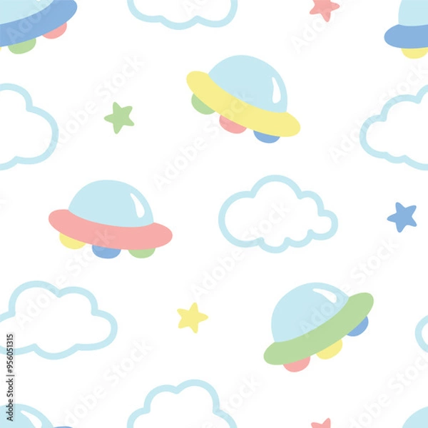 Fototapeta cute UFO spaceship  seamless pattern design for background, wallpaper, textile design, fabric, carpet, blanket, blanket for kids, card, wrapping paper, notebook, diary cover, decoration and etc.