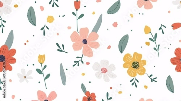 Fototapeta 07231249 473. Abstract flowers depicted from above in a flat vector illustration, showcasing a lively spring flora theme on a white background, ideal for fresh and modern designs
