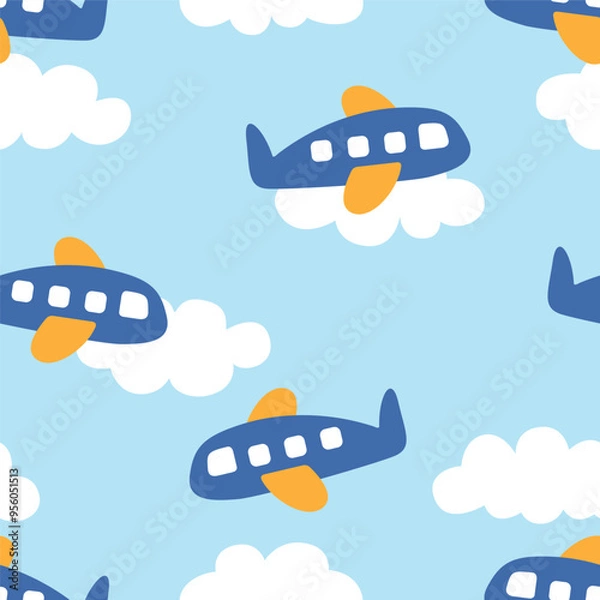 Fototapeta Airplane flying in the sky seamless pattern design for background, wallpaper, textile design, fabric,  blanket, blanket for kids, card, wrapping paper, notebook, diary cover, decoration and etc.