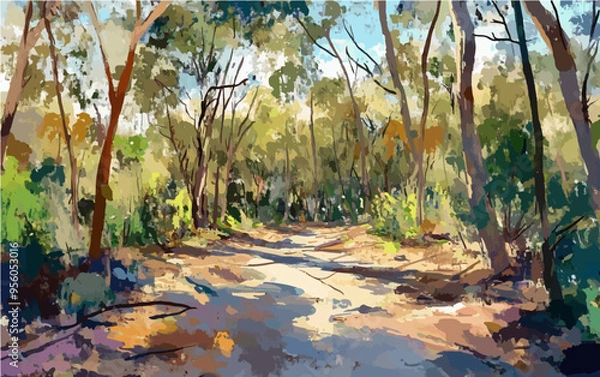 Fototapeta A vibrant impressionist landscape of an Australian bush clearing under a sunny sky, with light dappling through the trees, capturing a serene outdoor scene.