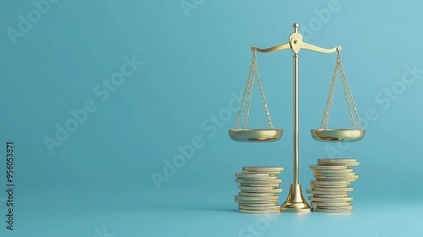 Fototapeta Golden Scales Balanced with Stacks of Coins