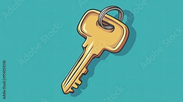 Fototapeta Golden Key with Ring on Turquoise Background