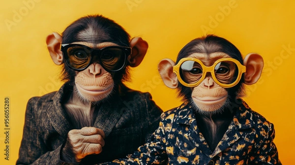 Fototapeta Two stylishly dressed monkeys posing against a bright yellow background. Both monkeys wear large glasses, emphasizing their fashionable look and creating a fun and creative image