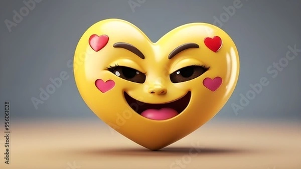 Fototapeta  A 3D rendering of an in love emoticon, featuring a bright yellow face with heart-shaped eyes and a joyful expression. The emoticon is designed with a smooth, glossy finish, giving it a vibrant and li