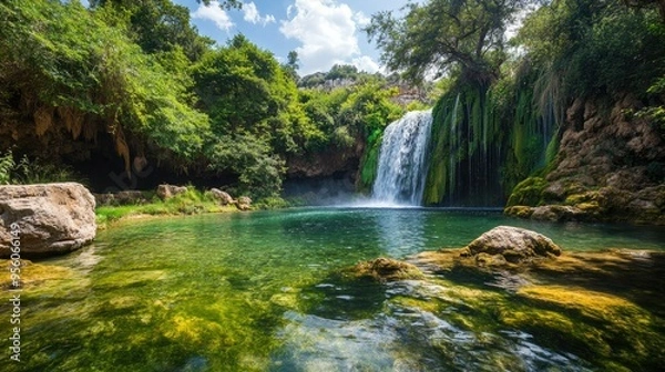 Fototapeta A view of the Duden Waterfalls cascading into a clear pool surrounded by lush greenery.
