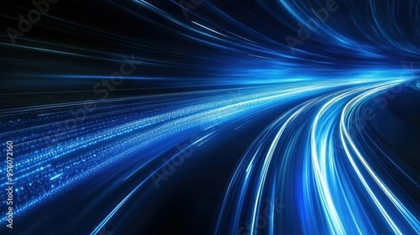 Fototapeta Blue light streaks moving rapidly across a dark background, creating a dynamic, futuristic effect