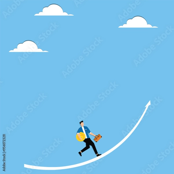 Fototapeta Man with coin runs in ascending arrow