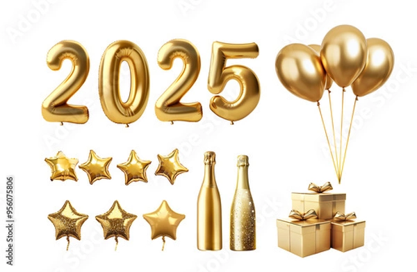 Fototapeta Festive collection of golden New Year’s Eve decorations.2025 balloon numbers, star balloons, champagne bottles, and gift boxes.celebratory events.with out background