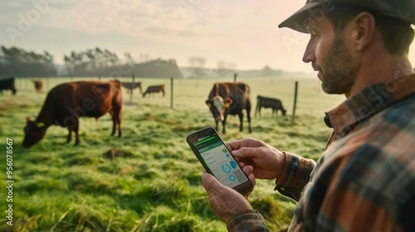 Fototapeta A farmer uses a smartphone app to monitor and manage his cattle in a pasture, embracing modern technology in traditional farming practices.