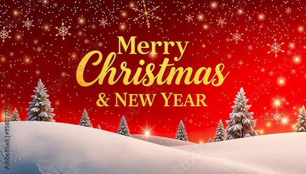 Obraz Gold Christmas and New Year Typographical on red Xmas background with winter landscape with snowflakes, light, stars.