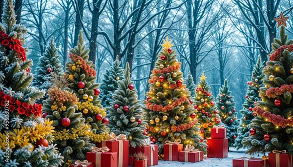 Obraz Christmas trees with red and golden garlands into a forest with snowy flakes with shape of stars close to xmas gifts in red boxes